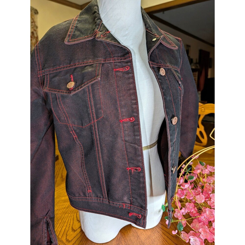 Vintage L.A. Blues Women Black Jacket Red Stitching Size S Button Front Pockets